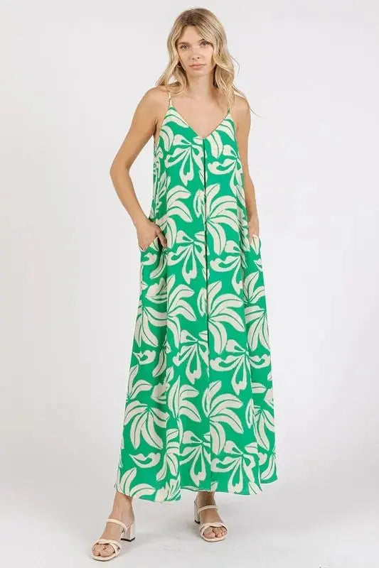 Mittoshop Printed V-Neck Maxi Cami Dress with Pockets Opaque - Love Salve